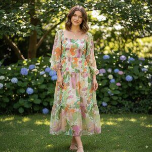 NWT Lost + Wander Painterly Love Smocked Maxi Dress in Multi Color One Size